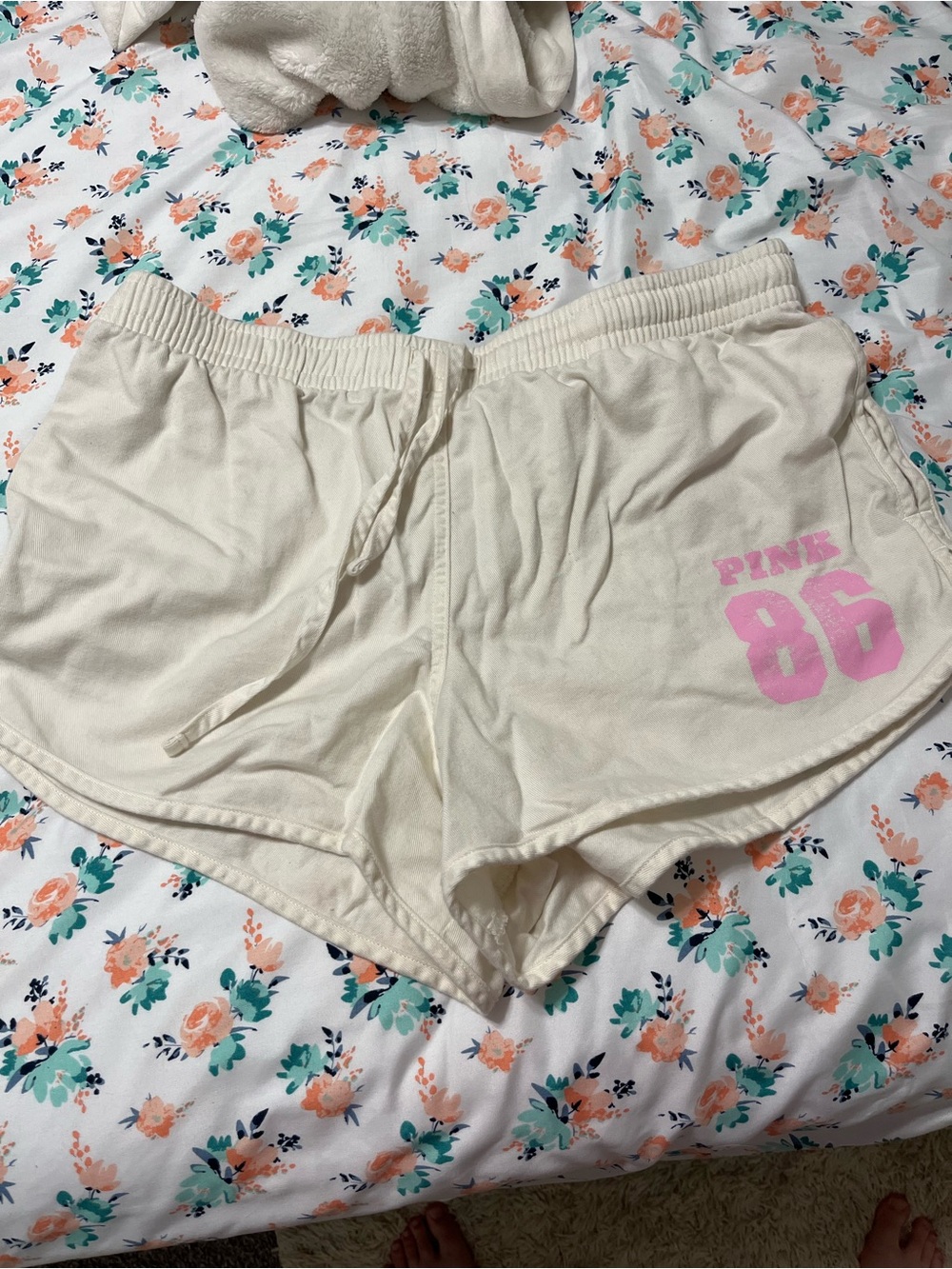 Victoria Secret Cream Athletic Shorts with Pink '86' Logo